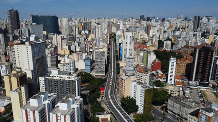 Aerial view of the President Joao Goulart viaduct, also known as Minhocao, located in Consolacao district, downtown Sao Paulo, Brazil.