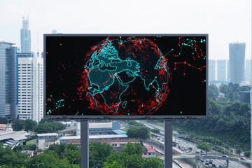World planet Earth map hologram on billboard over panorama city view of Kuala Lumpur, Malaysia,...