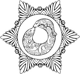 Sea seal with cub in yoga pose. Ornament pattern in yoga game. Black and white. 