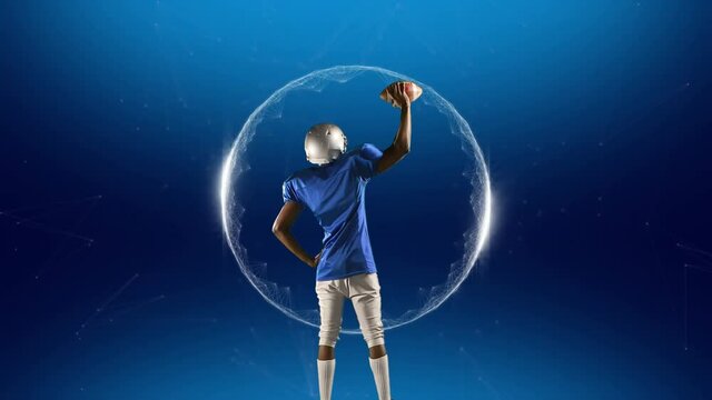 Animation of rear view of american football player holding up ball, with moving white sphere on blue