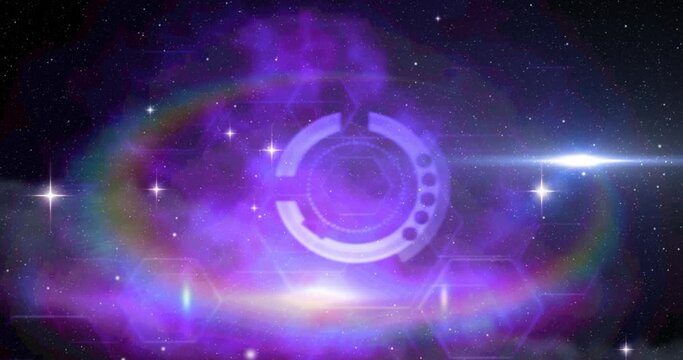 Animation of scope glowing spots with lens flare on purple clouds of smoke in universe