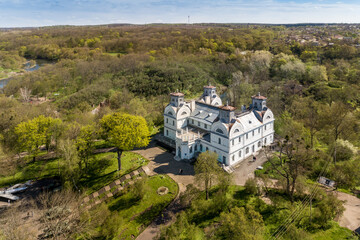 Fototapeta na wymiar Aerial view of Lopukhins-Demidovs Palace in Korsun-Shevchenkivsky Historical and Cultural Reserve, Ukraine, Kyiv region.