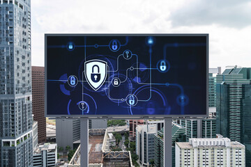 Padlock icon hologram on road billboard over panorama city view of Singapore at day time to protect business, Southeast Asia. The concept of information security shields.