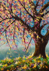 Monet painting blooming sakura cherry tree in meadow of flowers artwork on background of blue sky and mountains claude impressionism paint landscape