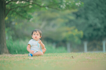 Boy among green grass on a summer day. A small child has fun in the fresh air. Baby explores the nature