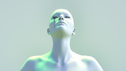 3D illustration of a female figure with her eyes closed and shedding tears, yellow and green light