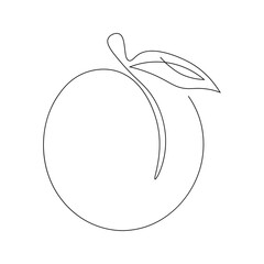 Continuous single line drawing of a peach. Drawing a whole fruit with a single line. Abstract style. Fruit drawn with one line. Minimalistic vector illustration on white isolated background.