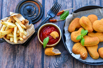 
 Crispy  deep fried     turkey nuggets and ketchup. Breaded  turky efillets  with chilly peppers and fresh basi on wooden rustic background