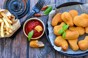 
 Crispy  deep fried     turkey nuggets and ketchup. Breaded  turky efillets  with chilly peppers and fresh basi on wooden rustic background