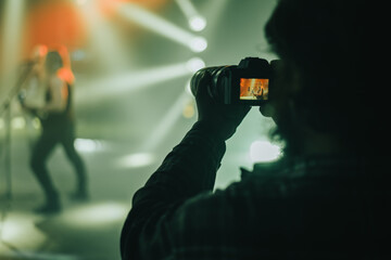 Silhouette of a photographer taking shots during a concert - obrazy, fototapety, plakaty