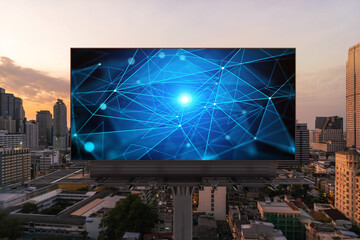 Glowing hologram of technological process on billboard, aerial panoramic cityscape of Bangkok at...