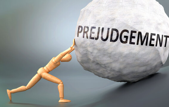 Prejudgement and painful human condition, pictured as a wooden human figure pushing heavy weight to show how hard it can be to deal with Prejudgement in human life, 3d illustration
