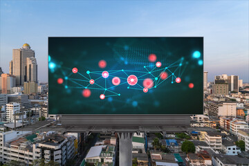 Glowing hologram of technological process on billboard, aerial panoramic cityscape of Bangkok at...