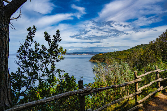 Marine panorama on the gulf of Follonica and the island of Elba from Puntone