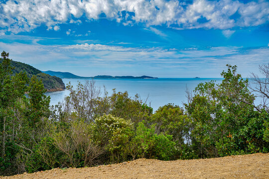 Marine panorama on the gulf of Follonica and the island of Elba from Puntone