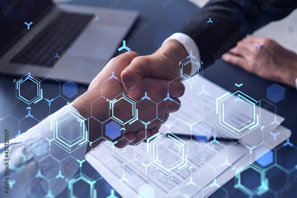 Poster handshake of two businessmen who enters into the contract to develop a new software to improve busin