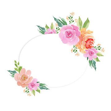 oval frame with watercolor bouquets of rose flowers isolated on white background hand painted, for weddings and invitations