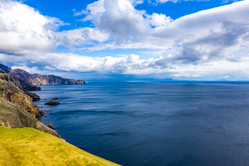 Aerial view of the beautiful coast at Malin Beg with Slieve League in the background in County...