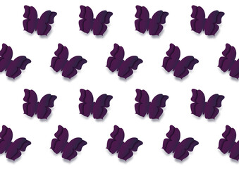 Fioletowe motyle wycięte z papieru unoszące się na białym tle. Wzór dla życzeń na Dzień Matki, Dzień dziecka, tło dla social media stories, karta podarunkowa, voucher. - obrazy, fototapety, plakaty