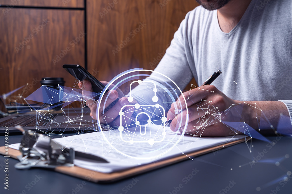 Poster a businessman in casual wear signing the contract to prevent probability of risks in cyber security.