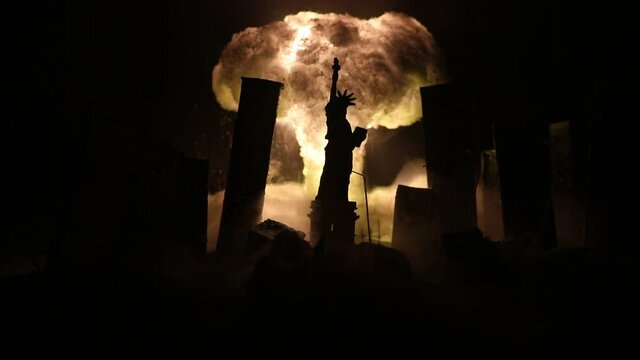 Nuclear war concept. Explosion of nuclear bomb. Apocalyptic view of city downtown after bombing. Night scene. City destroyed by war.
