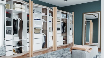 3d rendering modern dressing room, wardrobes for clothes
