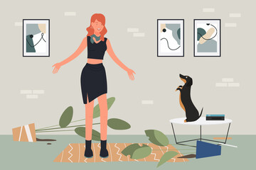 Pet dog education, overwhelmed pet owner young woman upset by dachshund dog behavior