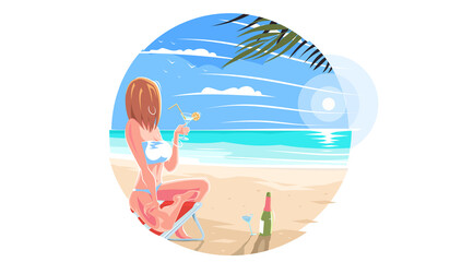 Beach with a palm tree. A girl in a swimsuit relaxing on a chaise lounge on a sea or ocean beach. A beautiful slender girl is resting under a palm tree. Beach with palm trees. Vector illustration. EPS