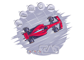 Racing at high speeds F1. Queen's races. Besignation of the parts of a sports car. Speed racing tournament. Superelevation at high speed. Route F1. The desire for victory. Vector illustration EPS 10