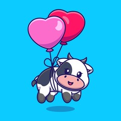 Cute baby cow floating with heart balloon