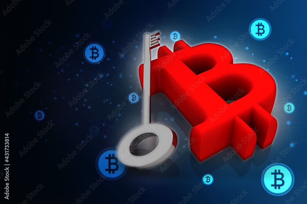 Poster 3d rendering bitcoin sign currency with key