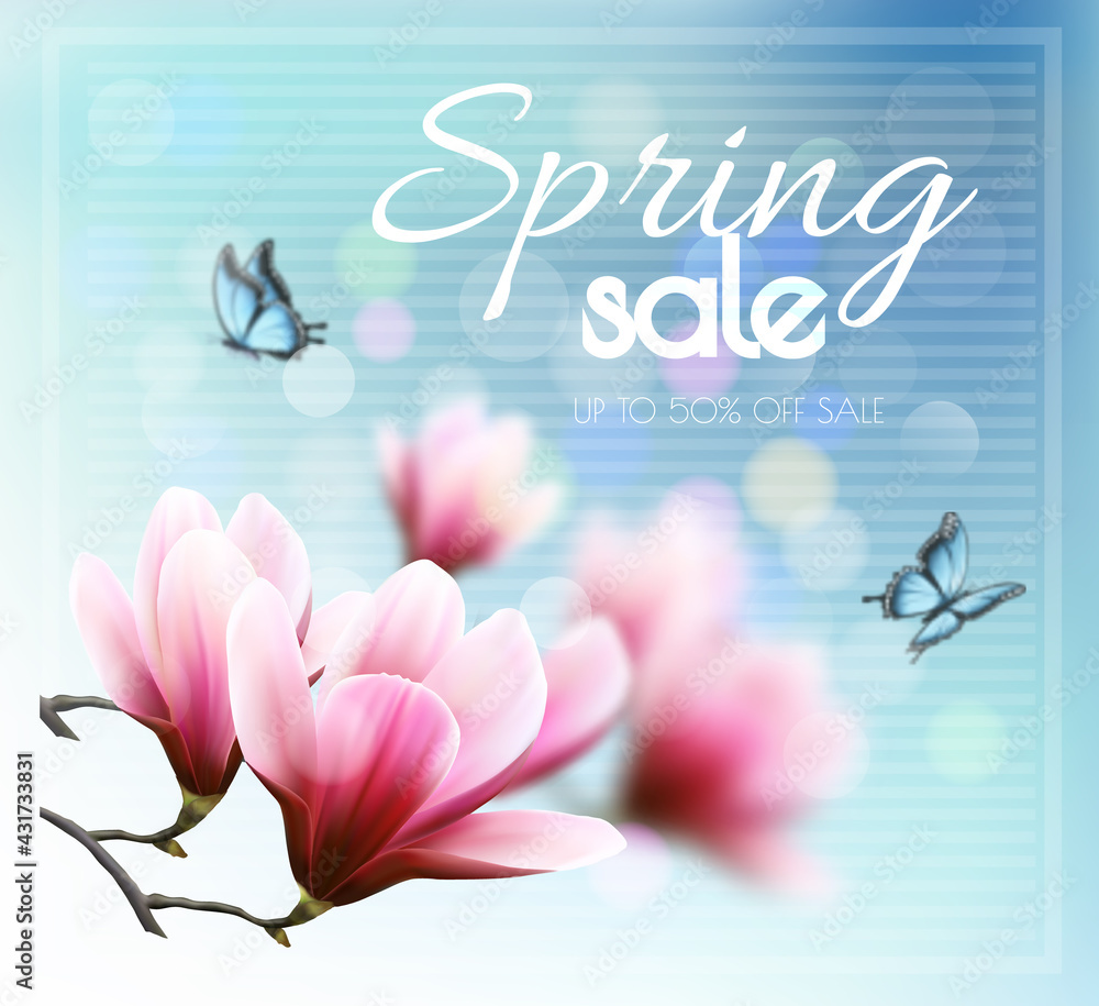 Poster Nature spring background with beautiful magnolia branches and butterflies. Spring sale vector.