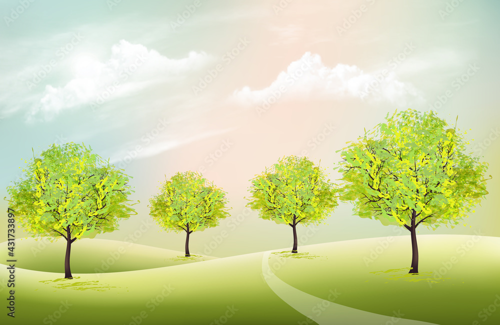 Poster beautiful summer nature background with a green trees and landscare. vector.