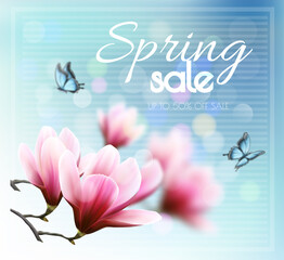 Nature spring background with beautiful magnolia branches and butterflies. Spring sale vector.