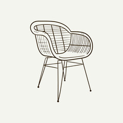 Armchair chair. Wicker furniture. Stylish furniture. Home decor line art drawing. Doodle illustration. Stay home. Minimal vintage style. Doodle plant vector illustration. 