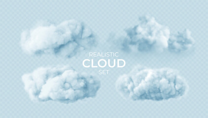 Fototapeta Realistic white fluffy clouds set isolated on transparent background. Cloud sky background for your design. Vector illustration obraz