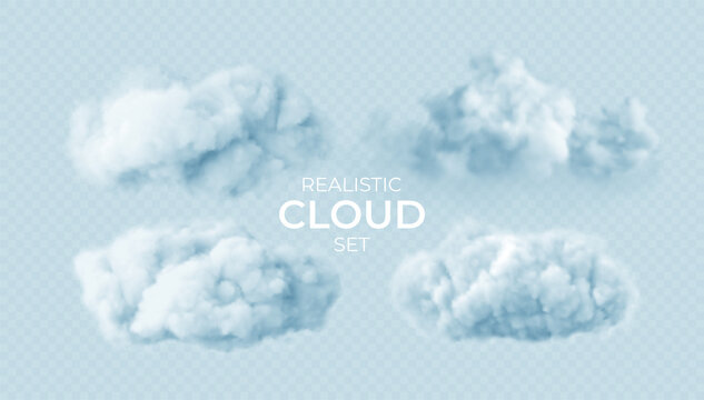 Realistic White Fluffy Clouds Set Isolated On Transparent Background. Cloud Sky Background For Your Design. Vector Illustration