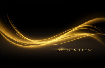 Gold wave flow and golden glitter on black background. Abstract shiny color gold wave luxury background. Luxury gold flow wallpaper. Vector illustration - obrazy, fototapety, plakaty