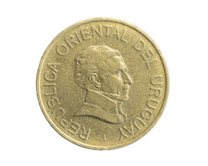 uruguay five pesos coin on white isolated background