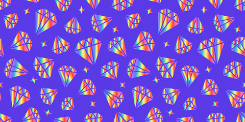 Diamonds with rainbow gradient. Bright Surface Design. Modern abstract seamless pattern. Vector shapes isolated on blue background. Wide texture banner - 431734893