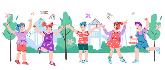 Group of cheerful happy kids on summer playground. Banner or poster backdrop template for kids summer camp or play zone in park, cartoon vector illustration. 