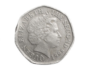 England twenty pence coin on a white isolated background