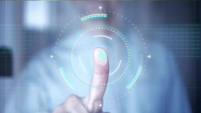 Access control system Futuristic personal identification Biometric authentication concept : A businessman puts his finger on a glass scanner to scan and unlock.