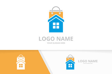 Vector real estate and shop logo combination. House and shopping bag logotype design template.