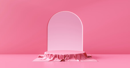 Pink product stage background or podium pedestal display on blank modern art room with studio showcase backdrop. 3D rendering.
