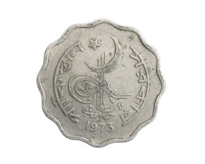 Pakistan ten paisa coin on a white isolated background
