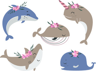 Under the sea- nursery set of animals with flowers. Baby shark. Narwhal . Whale. Dolphin. Cute fishes. 