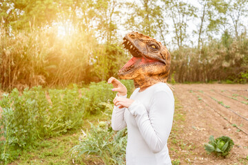 Woman with dinosaur head mask in vegetables garden at sunset.Copy space