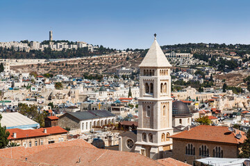 Fototapeta na wymiar Top view of Jerusalem and lutheran church of the Redeemer. Israel