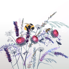 Beautiful floral vector illustration vintage style bees, bumblebee and lavender
